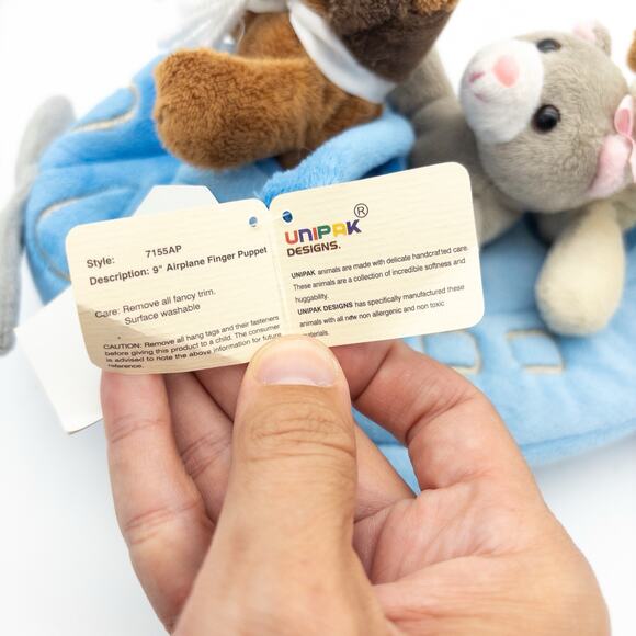 NEW Unipak Designs 10” Airplane Plush Holder With 3 Finger Animal Pilot Puppets - Picture 11 of 13